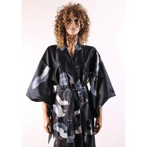 Marukyo Kyoto Tokyo Womens Japanese Kimono Robe Crane Birds Duster Black Sz L/XL